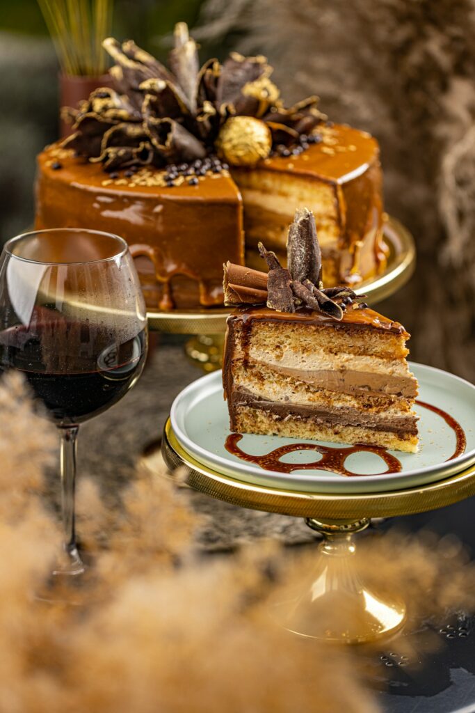 dessert cake and wine