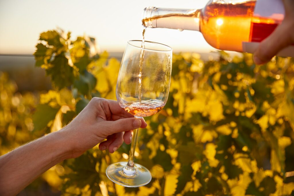 Crop farmer tasting rose wine